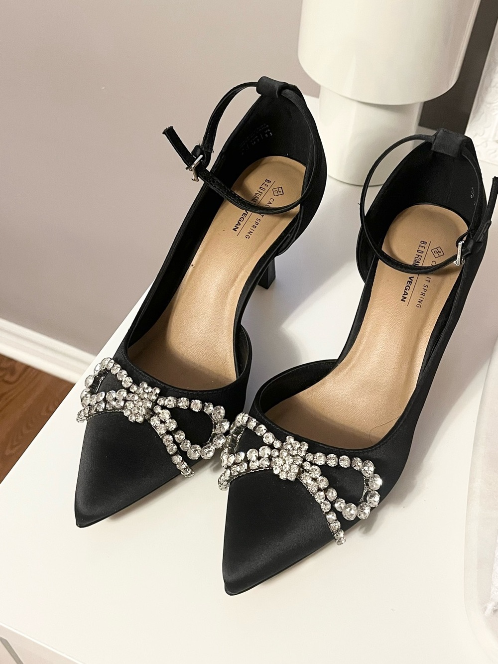 Call It Spring Black Satin Crystal-Embellished Bow Heels